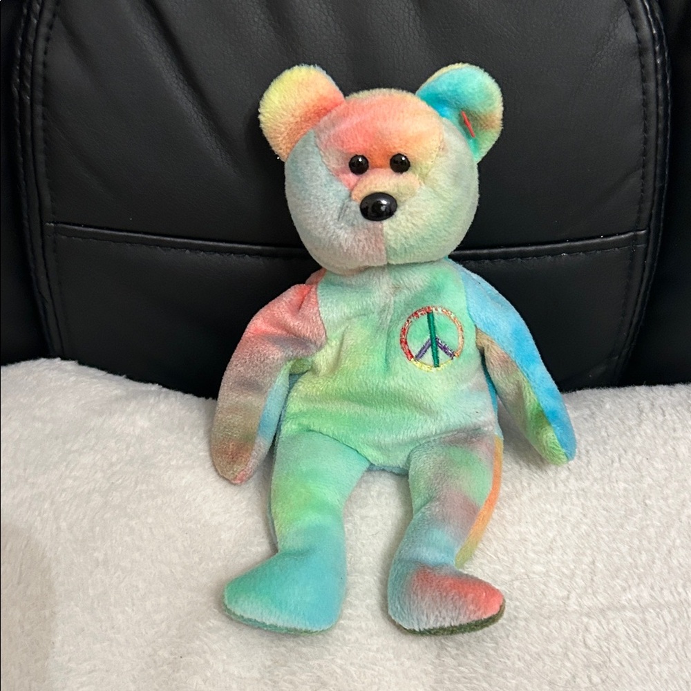 Colorful Tie-Dye Peace Beenie baby Bear Plush